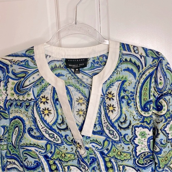 FOXCROFT Thin Comfy Cotton Blouse 3/4 Sleeve Wrinkle Free Paisley Blue G… - Picture 3 of 8